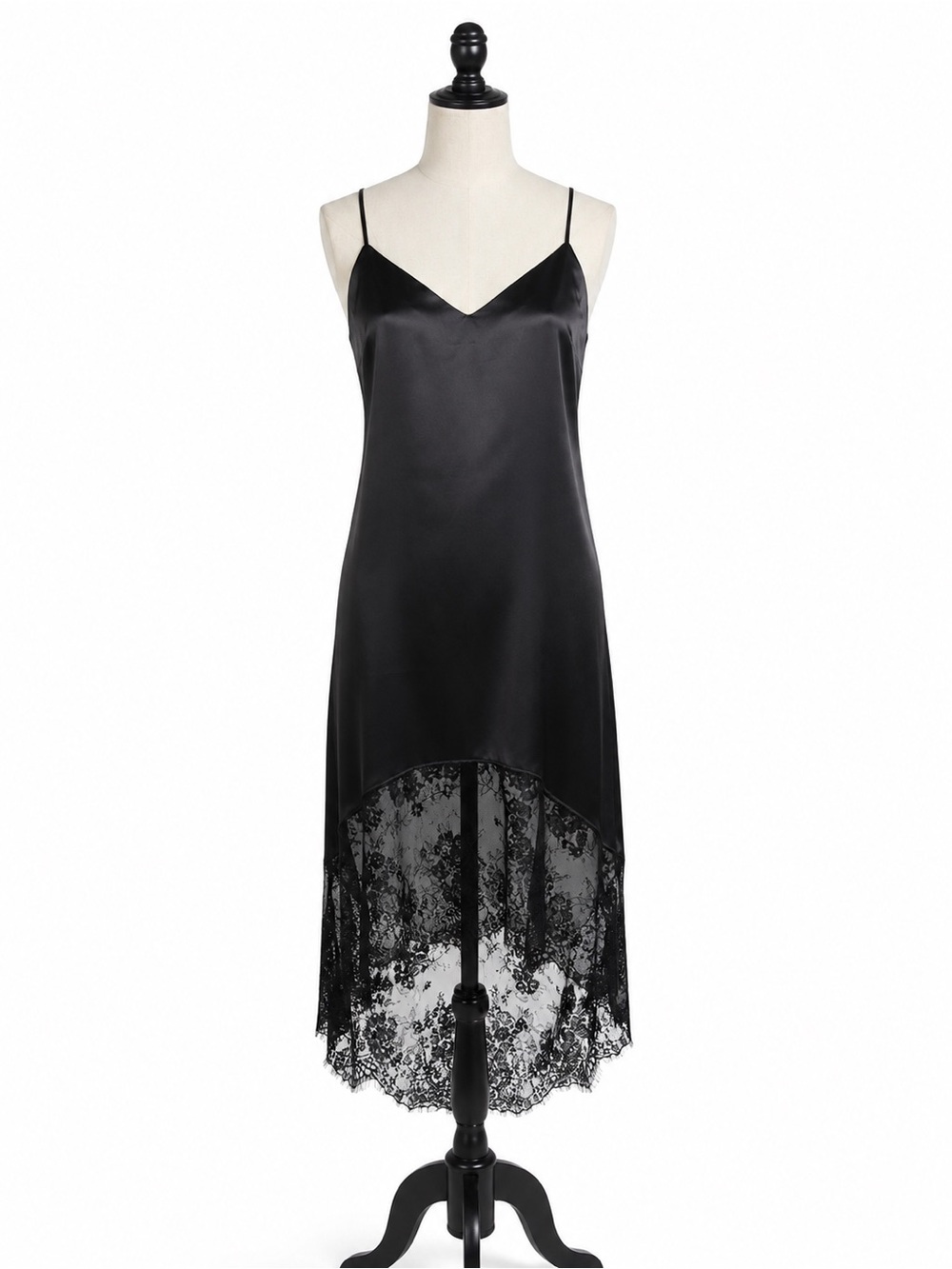 Black Satin Lace Hem Slip Dress Midi Maxi Adjustable Straps